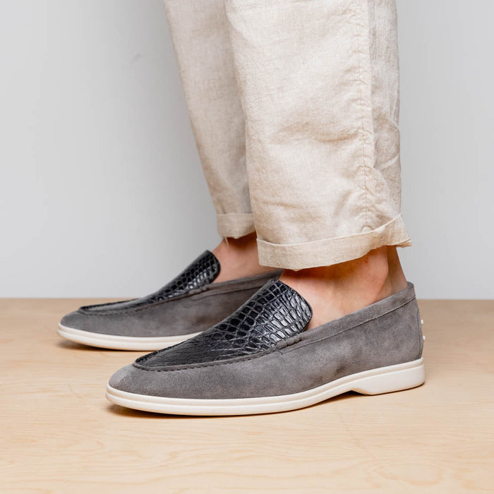 Zelli Bene Sueded Goatskin and Crocodile Loafer in Grey