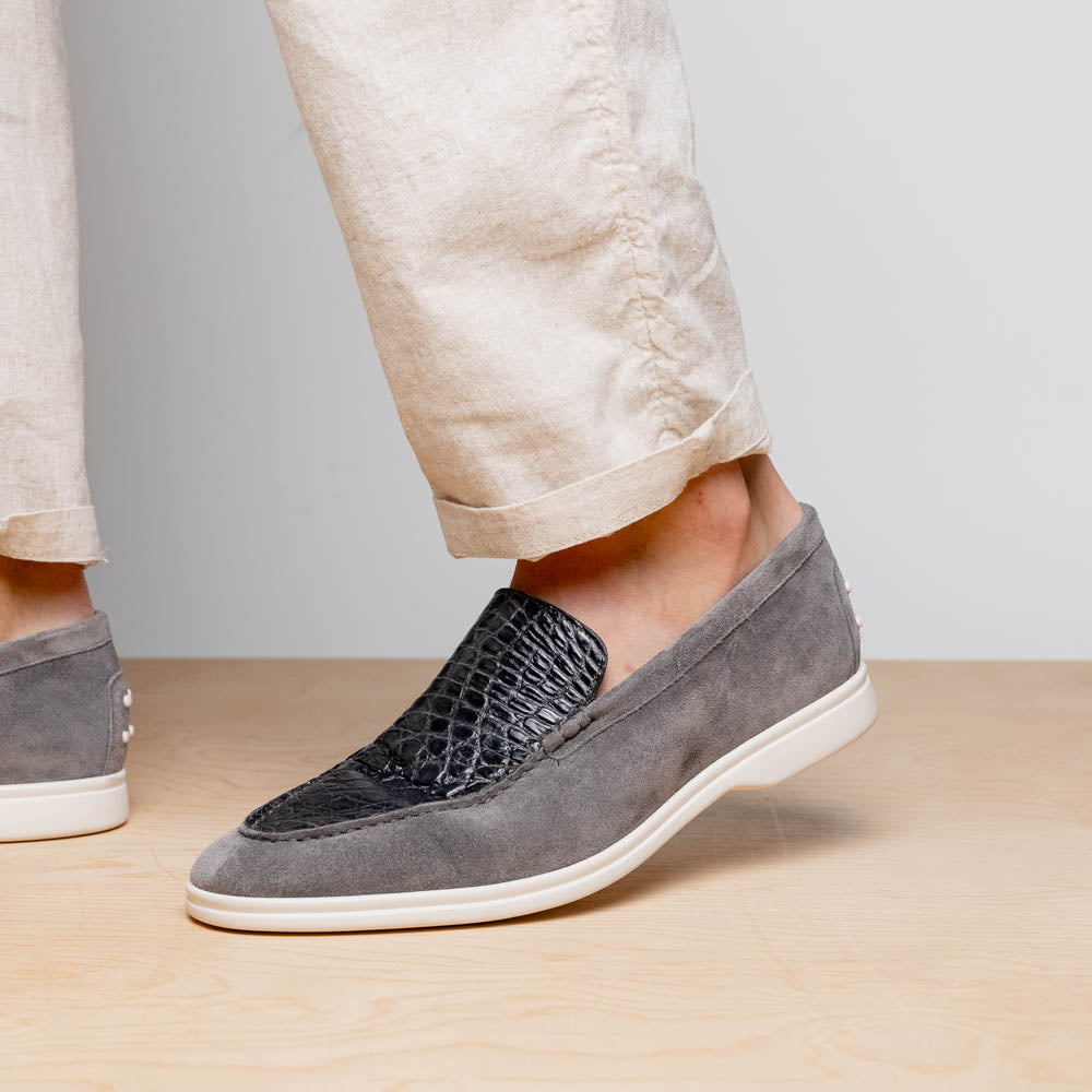 Zelli Bene Sueded Goatskin and Crocodile Loafer in Grey