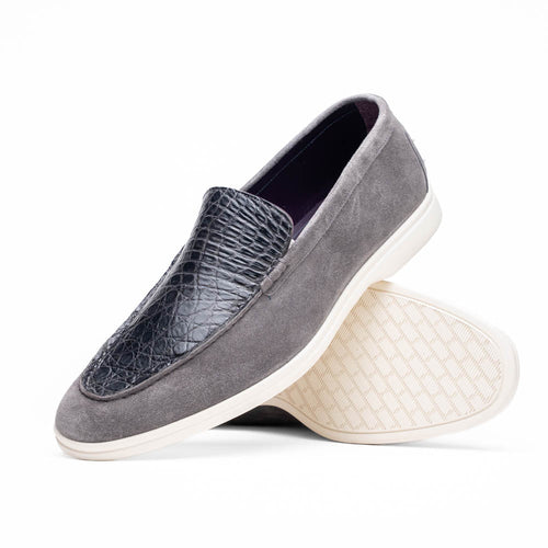 Zelli Bene Sueded Goatskin and Crocodile Loafer in Grey