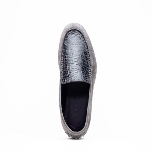 Zelli Bene Sueded Goatskin and Crocodile Loafer in Grey