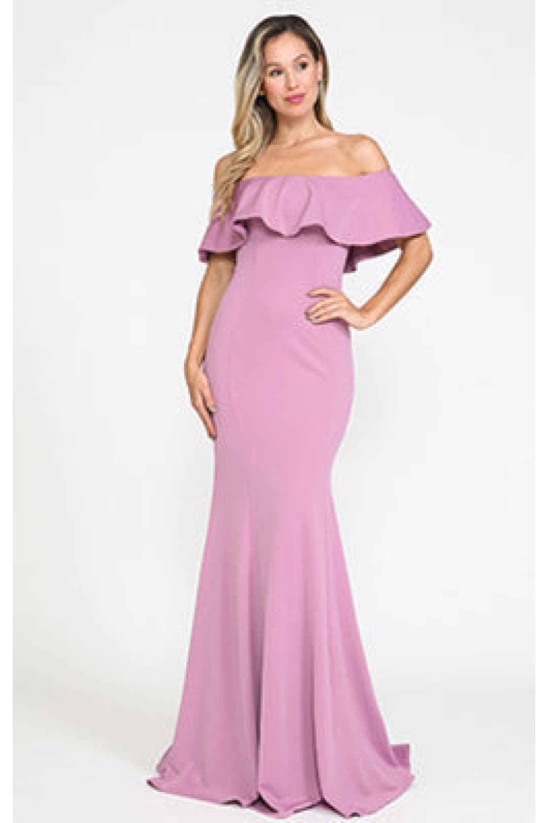 POLY USA 8146 Simple Ruffle Off Shoulder Long Mermaid Evening Dress