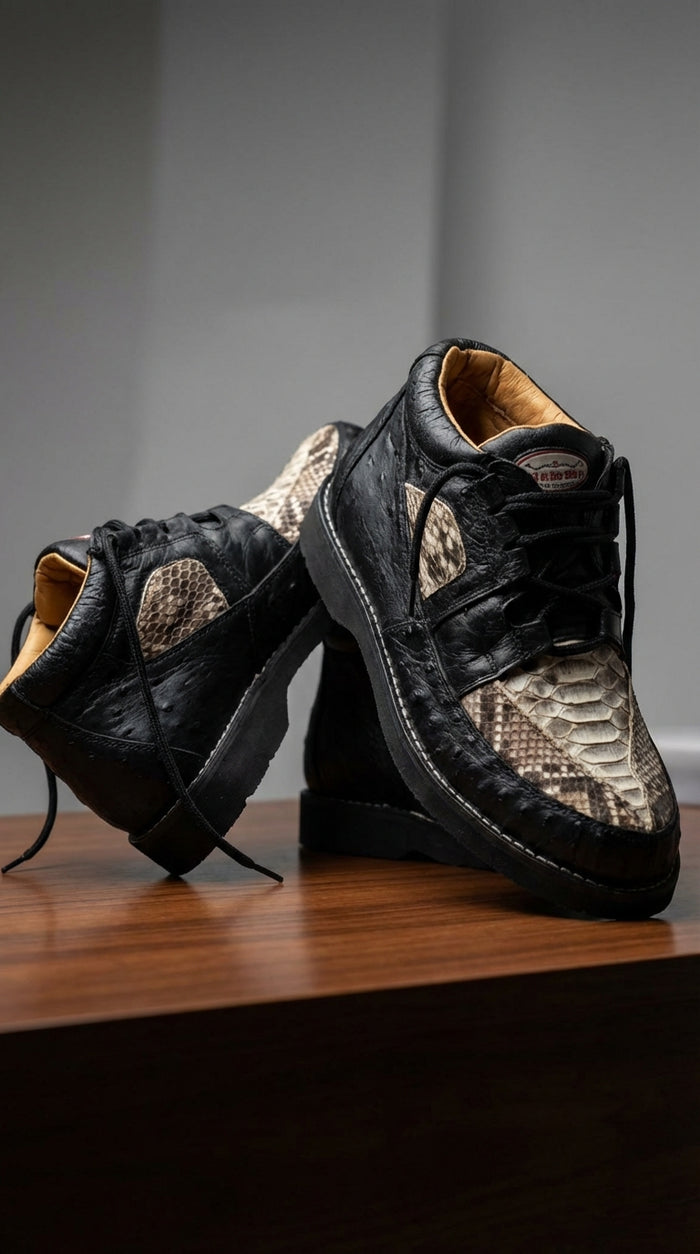 Men’s Black and Natural Exotic Alligator Crocodile Casual Shoes – Ostrich and Snakeskin Pattern Lace Up Dress Shoes - Boot By Los Altos