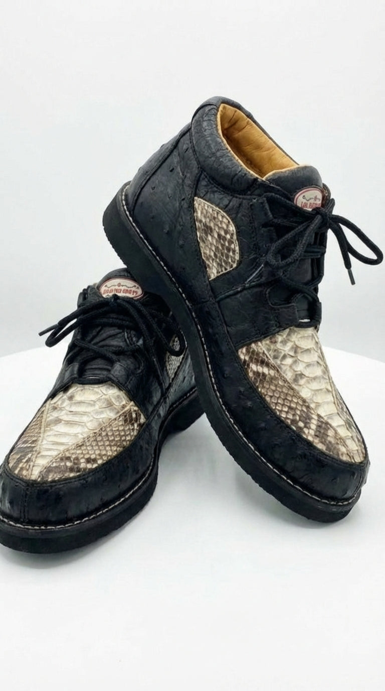 Men’s Black and Natural Exotic Alligator Crocodile Casual Shoes – Ostrich and Snakeskin Pattern Lace Up Dress Shoes - Boot By Los Altos