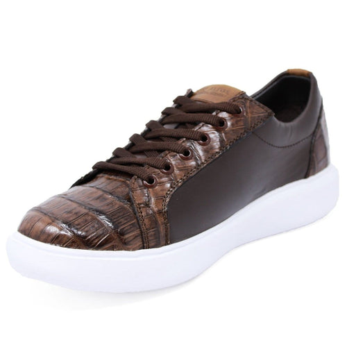 Men's Genuine Caiman Belly Skin and Leather Sneaker Casual Shoes Brown Color - Los Altos Boots