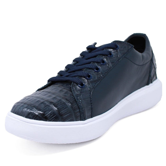 Men's Genuine Caiman Belly Skin and Leather Sneaker Casual Shoes Navy Color - Los Altos Boots