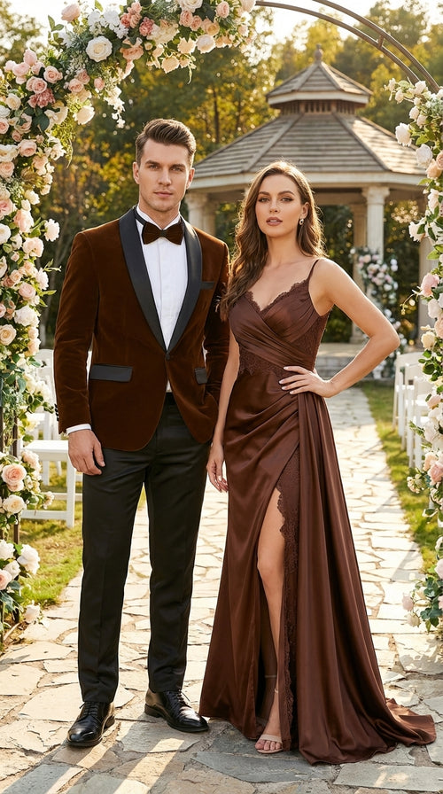Mens Brown Velvet Tuxedo Jacket – Luxury Black Lapel Velvet Blazer for Wedding, Prom and Formal Events