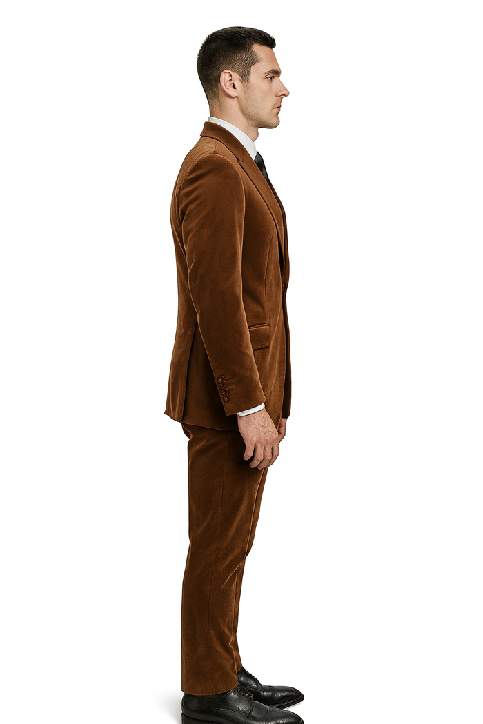 Mens Brown Velvet 2-Piece Suit - Luxury Slim Fit Formal Blazer and Pants Set in Rust Copper Color by USA Men's Outlet