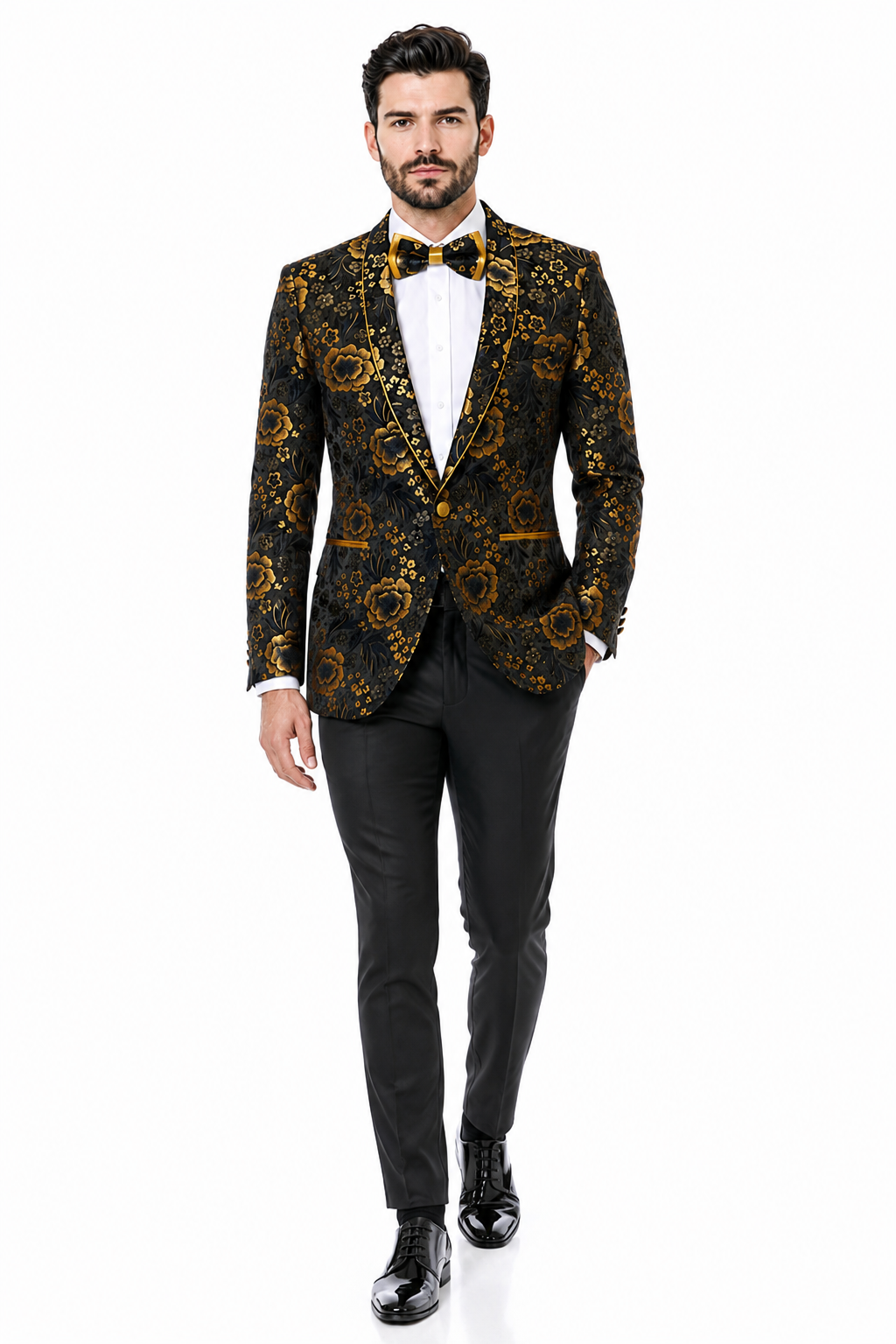 'Exquisite Black & Gold Paisley Prom and Wedding Dinner Jacket for Sophisticated Grooms and Prom Kings'