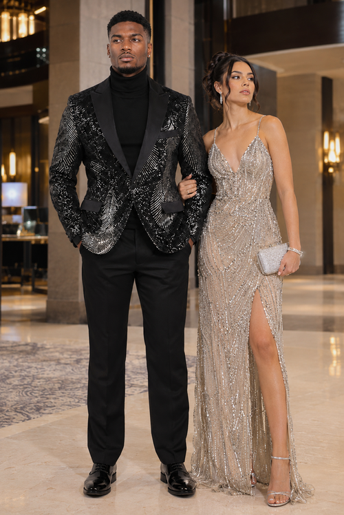 Mens Sequin Christmas Holiday Blazer – Luxury Party Jacket for New Year Jacket Sparkly Dinner Jacket in Color "Black"