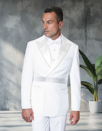 Statement Men's 2 Piece 100% Wool Modern Fit Double Breasted Tuxedo - Rhinestone Belt