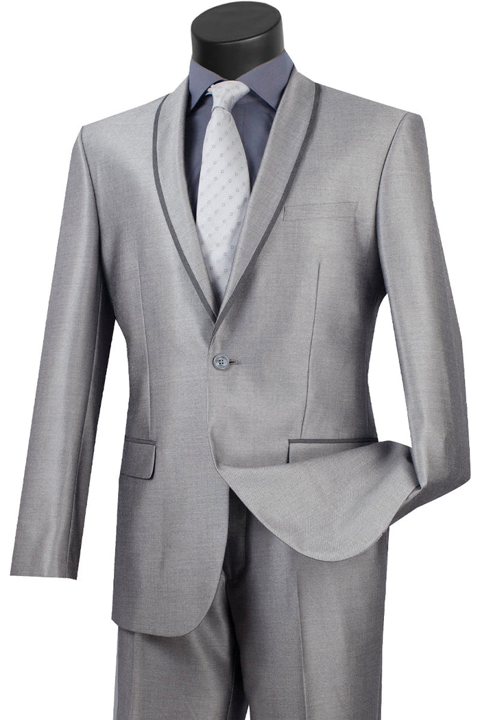 Mens One Button Shawl Tuxedo Suit With Trim in Black by Vinci