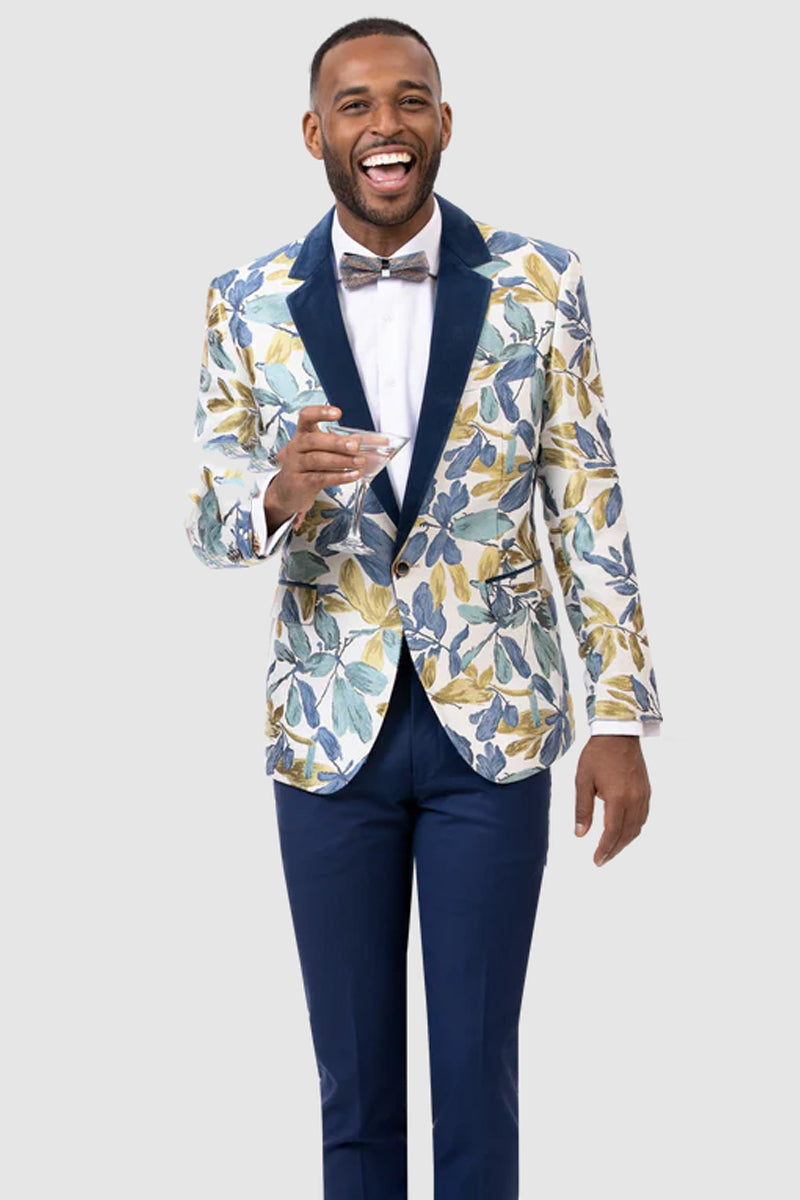 Mens One Button Floral Pattern Tuxedo Dinner Jacket with Navy Velvet Lapel – SuitUSA