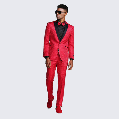 Red Paisley Slim Fit Tuxedo 3-Piece Set – Wedding & Prom