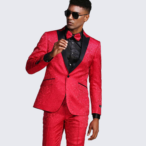 Red Paisley Slim Fit Tuxedo 3-Piece Set – Wedding & Prom