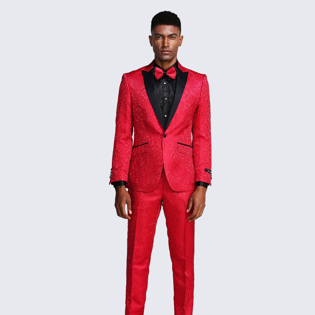 Red Paisley Slim Fit Tuxedo 3-Piece Set – Wedding & Prom