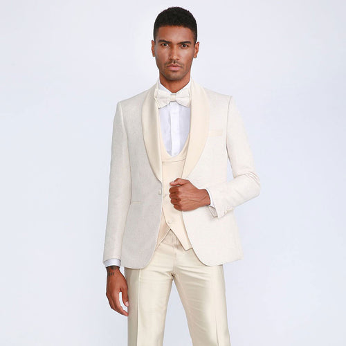 Ivory Shawl Tuxedo with Fancy Pattern Four Piece Set - Wedding - Prom