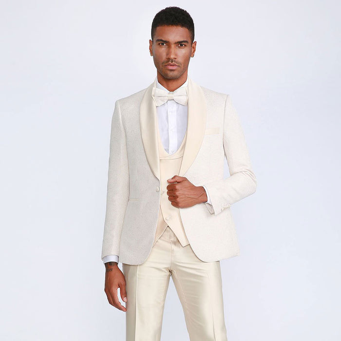 Ivory Shawl Tuxedo with Fancy Pattern Four Piece Set - Wedding - Prom