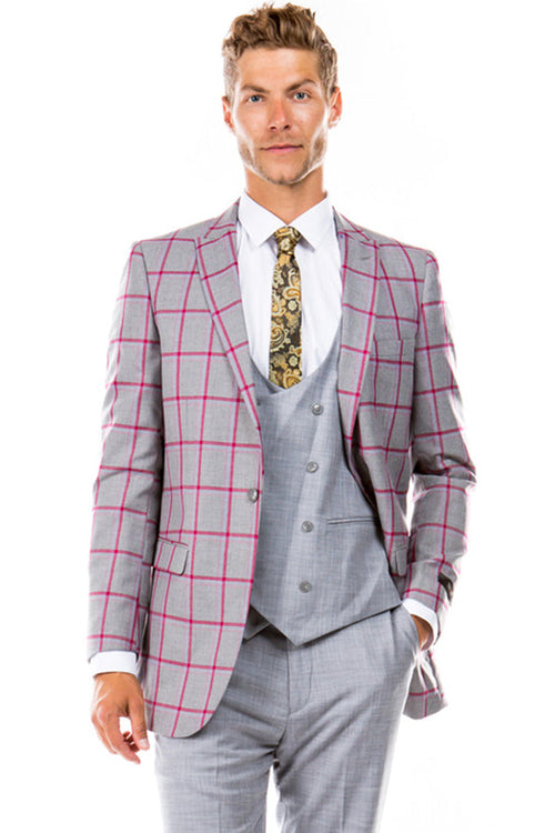 Men's Grey & Red Windowpane Suit with Double Vest