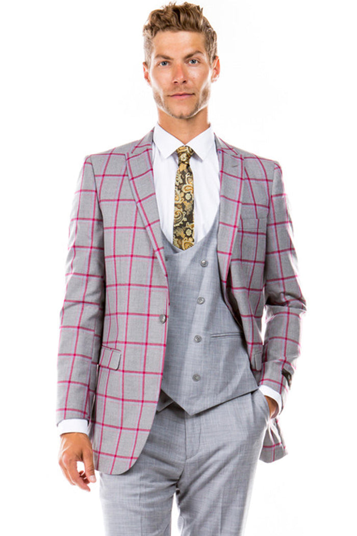 Men's Grey & Red Windowpane Suit with Double Vest