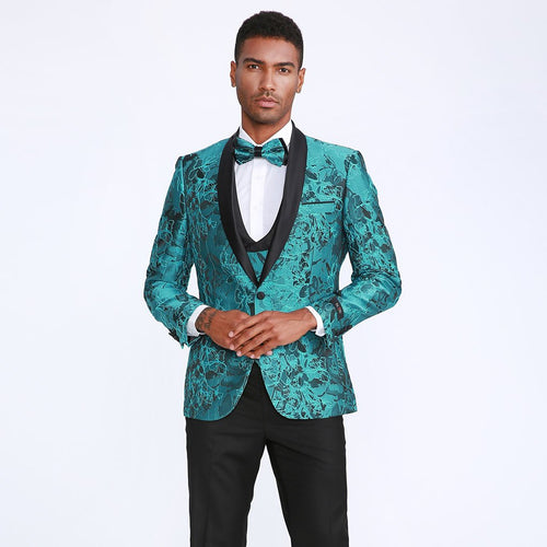 Turquoise Floral Tuxedo with Shawl Lapel – 4 Piece Set
