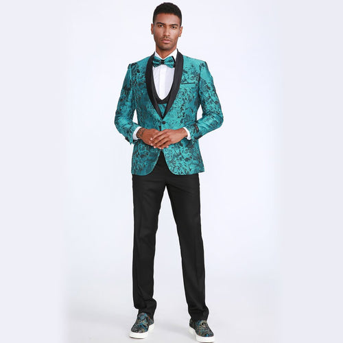 Turquoise Floral Tuxedo with Shawl Lapel – 4 Piece Set