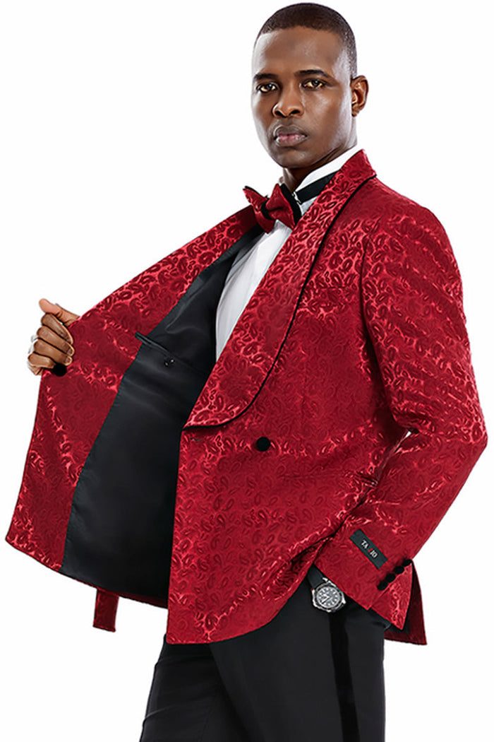 Burgundy Paisley Men's Slim Fit Double Breasted Tuxedo - Smoking Jacket for Prom & Wedding by Tazzio