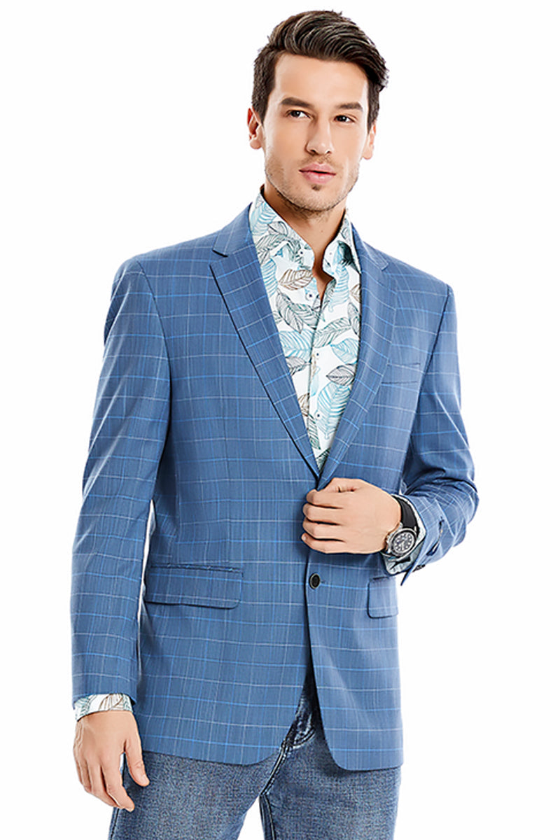 Men's Blue Windowpane Plaid Sport Coat in Teal