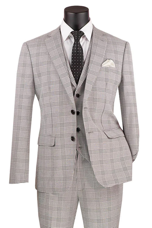 Sky Blue Glen Plaid Men's Slim Fit Summer Business Suit with Vest by Vinci