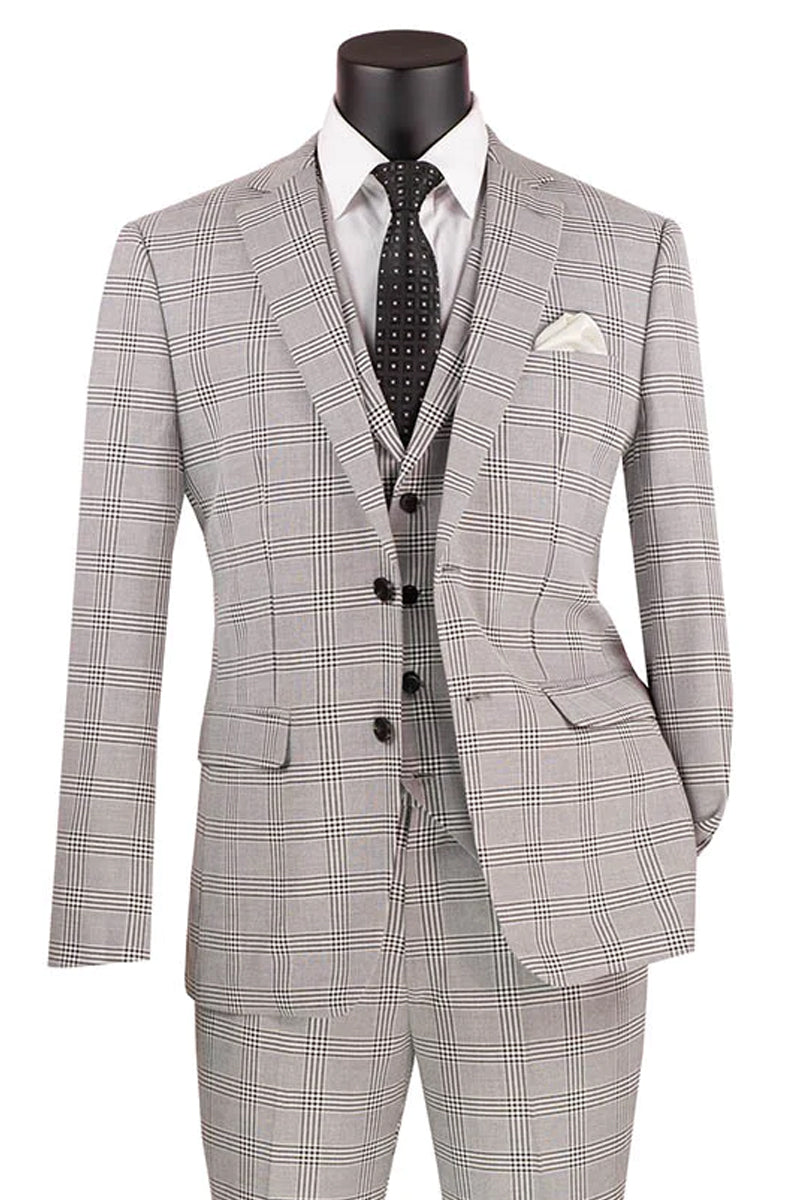 Sky Blue Glen Plaid Men's Slim Fit Summer Business Suit with Vest by Vinci