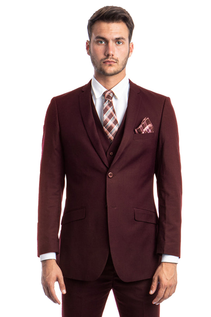 Men's Burgundy Slim Fit Vested Suit by Tazio Suits