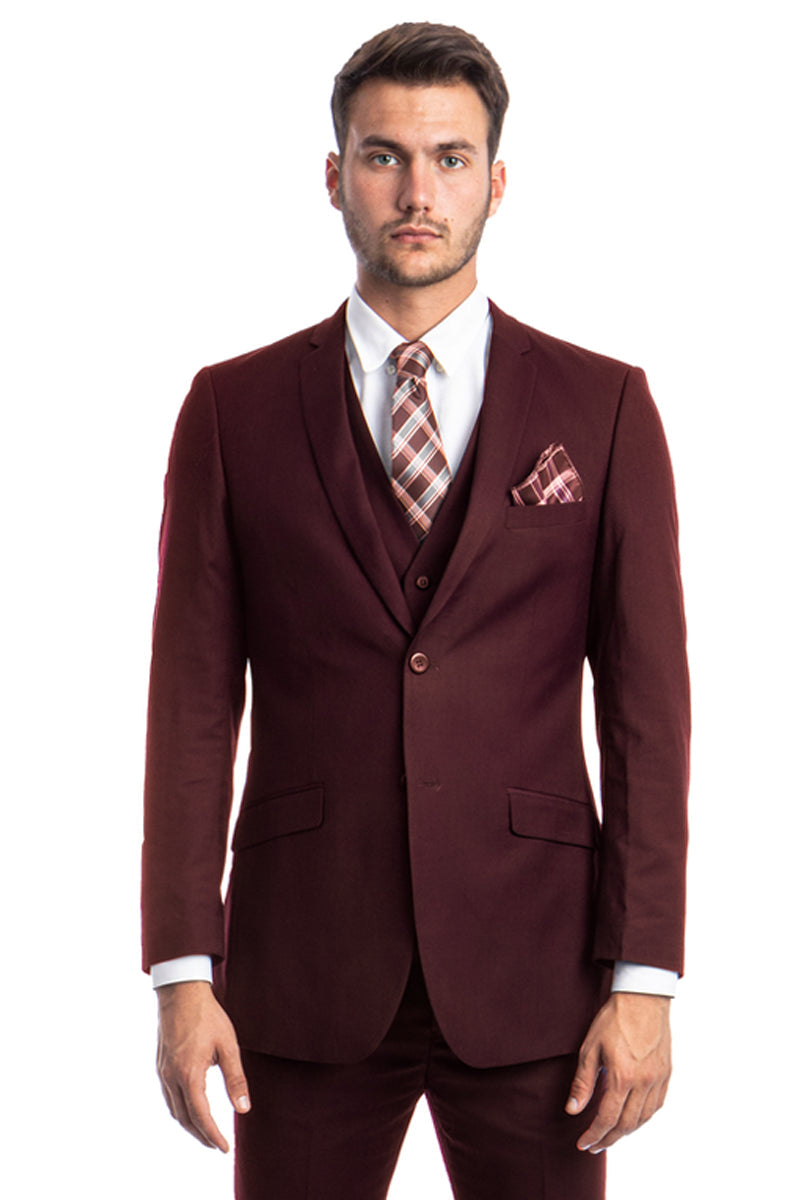 Men's Burgundy Slim Fit Vested Suit by Tazio Suits