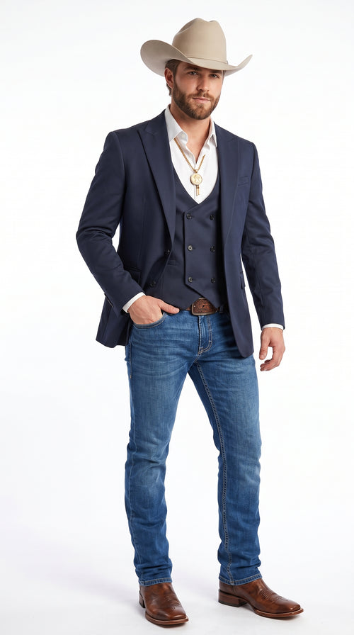 Men’s Navy Western Suit Blazer with Double Breasted Vest, Modern Cowboy Formal Outfit