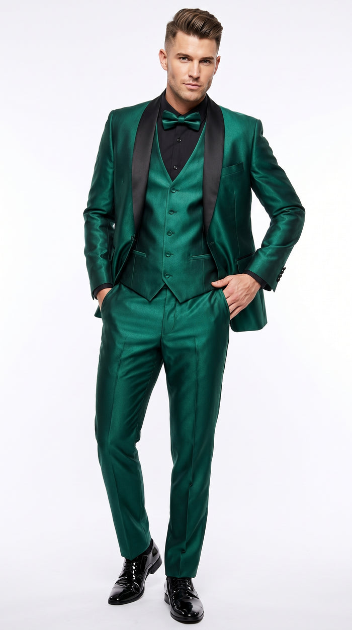 Men’s Emerald Green 3 Piece Tuxedo with Black Satin Shawl Lapel and Matching Vest