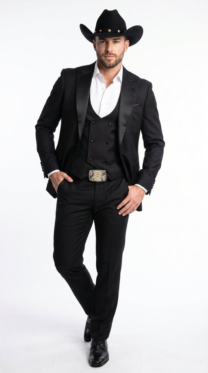 Men’s Black Western Tuxedo Suit with Satin Shawl Lapel Blazer and Double Breasted Vest