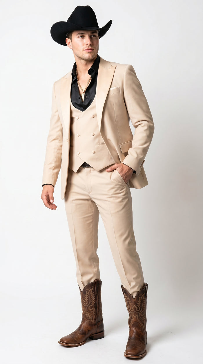 Men’s Light Beige Western 3 Piece Suit with Shawl Lapel, Cowboy Tuxedo Formal Outfit