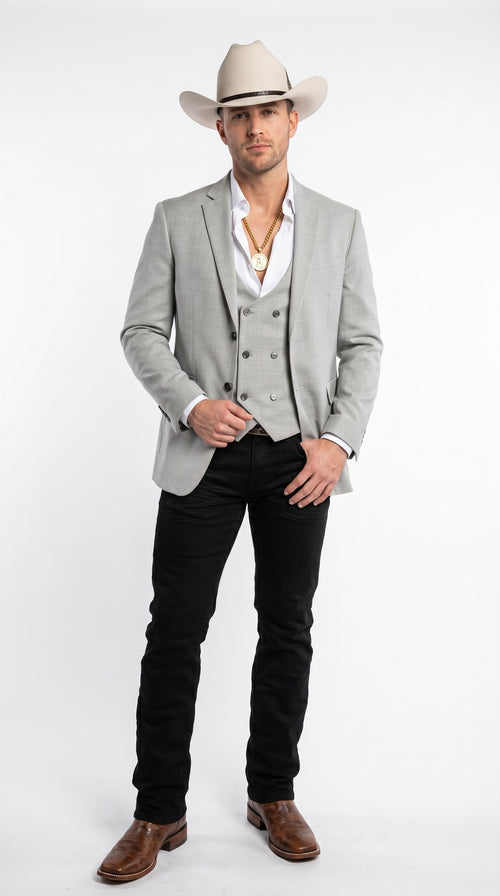 Men’s Light Gray Western Suit Blazer with Double Breasted Vest, Modern Cowboy Formal Outfit