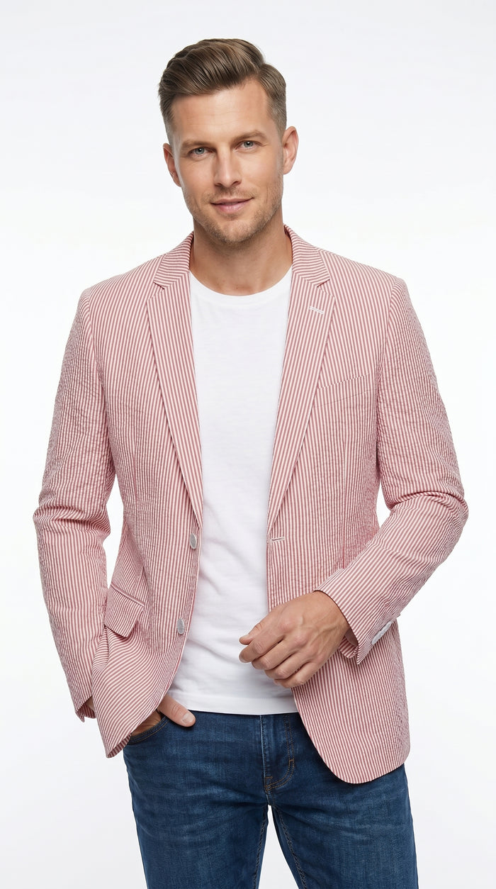 Men’s Red Brick Seersucker 2 Button Blazer, Lightweight Summer Sport Coat for Dress Casual Wear