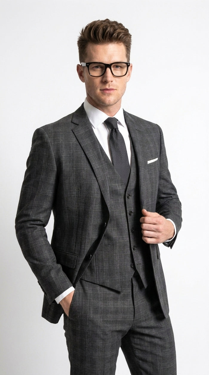 Men’s Charcoal Grey Windowpane Plaid 3-Piece Suit – Two-Button Jacket with Matching Vest and Pants