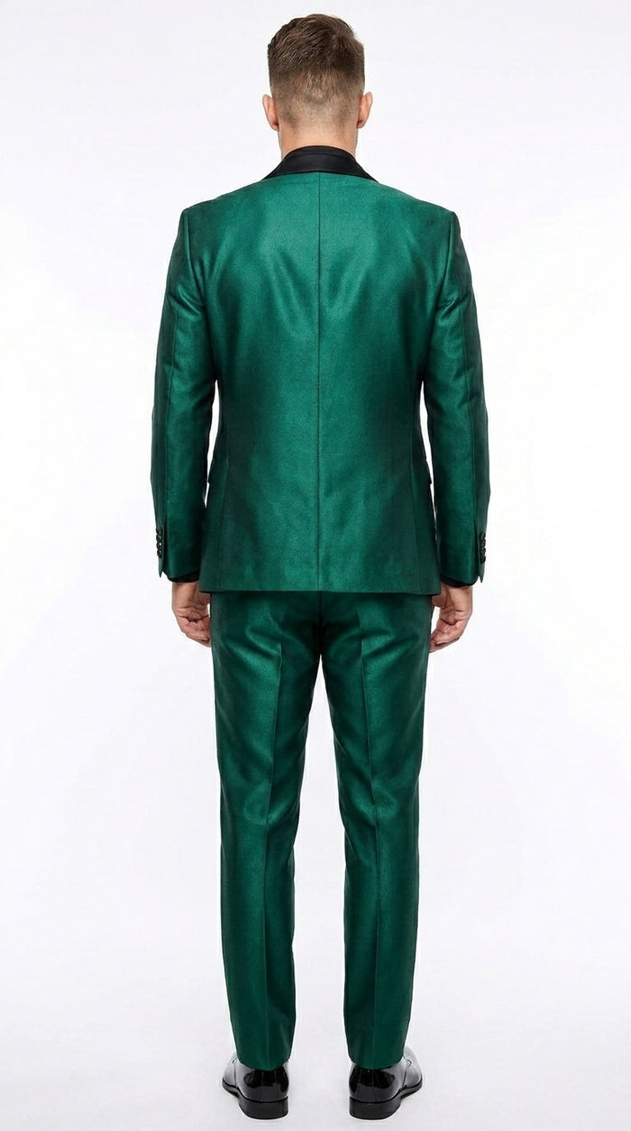 Men’s Emerald Green 3 Piece Tuxedo with Black Satin Shawl Lapel and Matching Vest