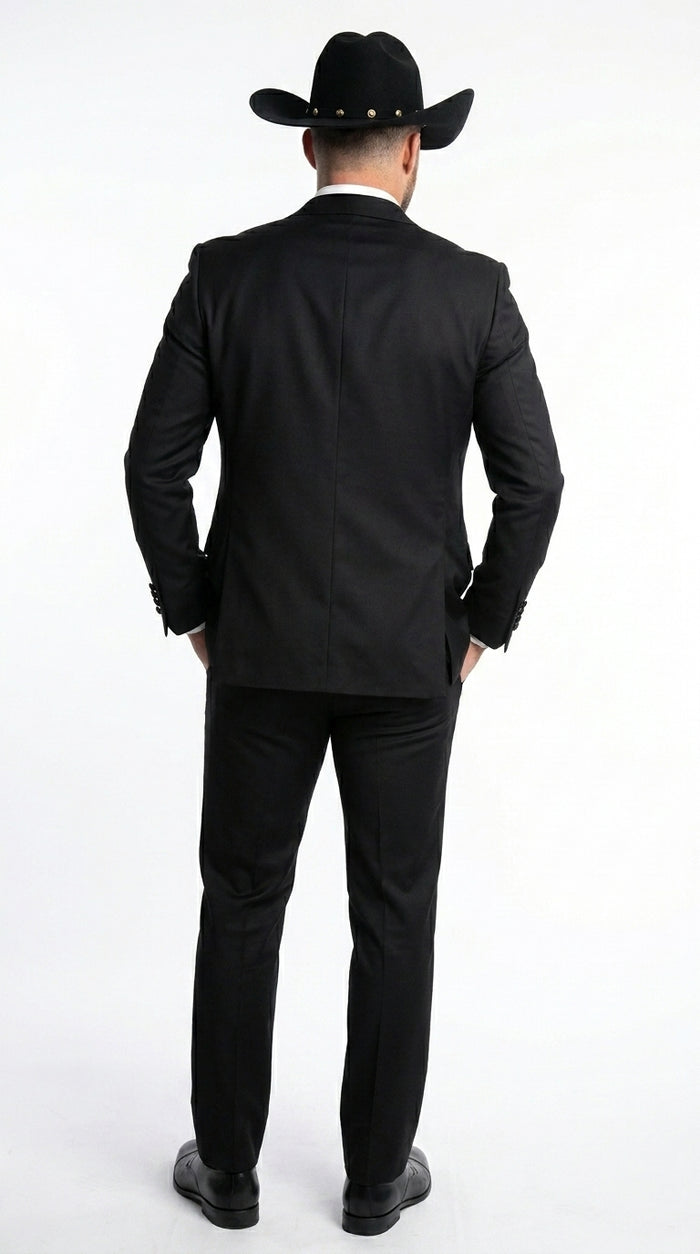Men’s Black Western Tuxedo Suit with Satin Shawl Lapel Blazer and Double Breasted Vest