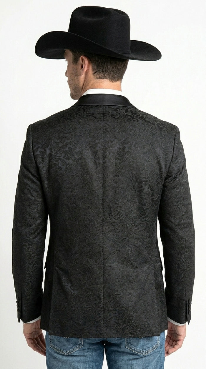 Men’s Black Paisley Jacquard Blazer with Satin Shawl Lapel, Western Formal Designer Jacket