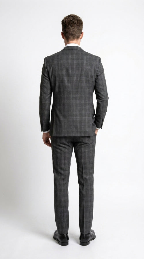 Men’s Charcoal Grey Windowpane Plaid 3-Piece Suit – Two-Button Jacket with Matching Vest and Pants