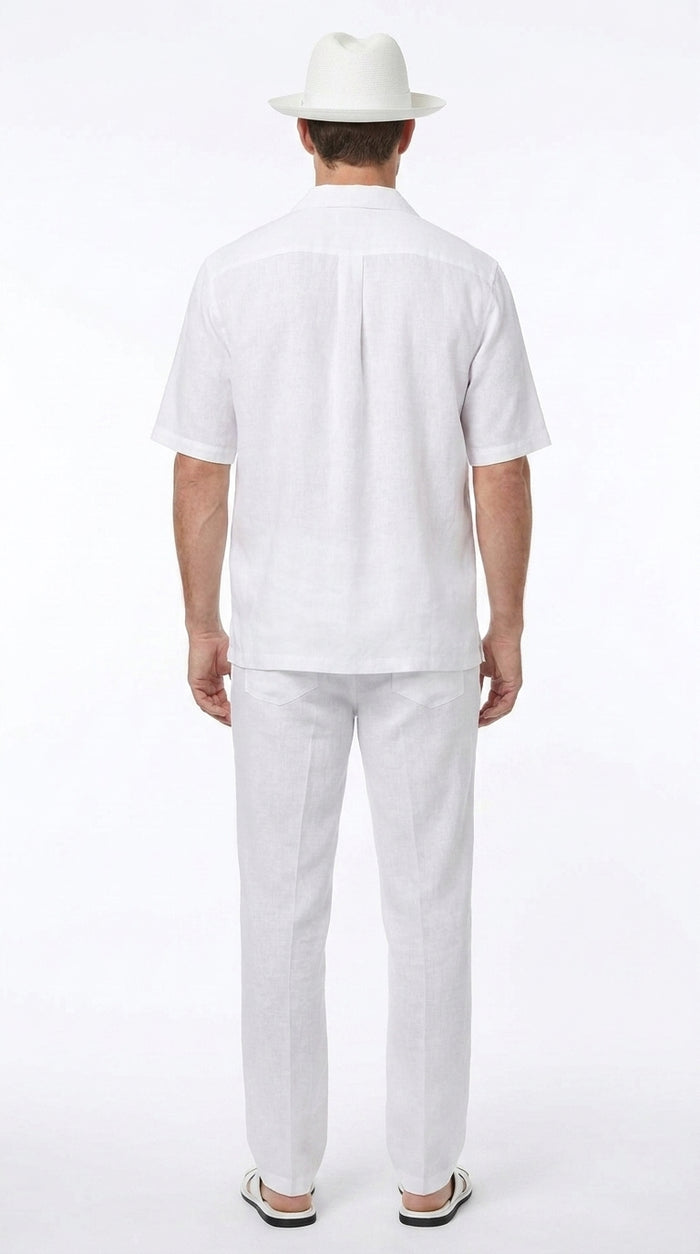 Men’s Big Size White Linen Walking Suit, Short Sleeve Shirt and Pants Casual Summer Set
