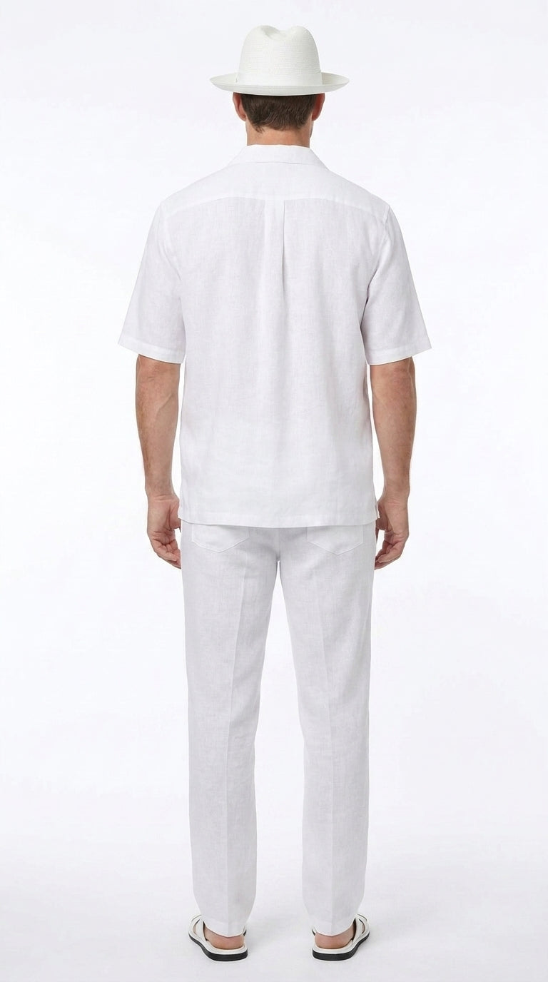 Men’s Big Size White Linen Walking Suit, Short Sleeve Shirt and Pants Casual Summer Set