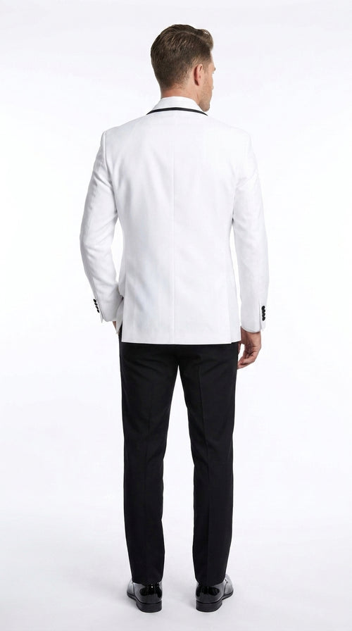 Men’s White and Black One Button Satin Trim Shawl Lapel Tuxedo for Wedding, Prom and Formal Events