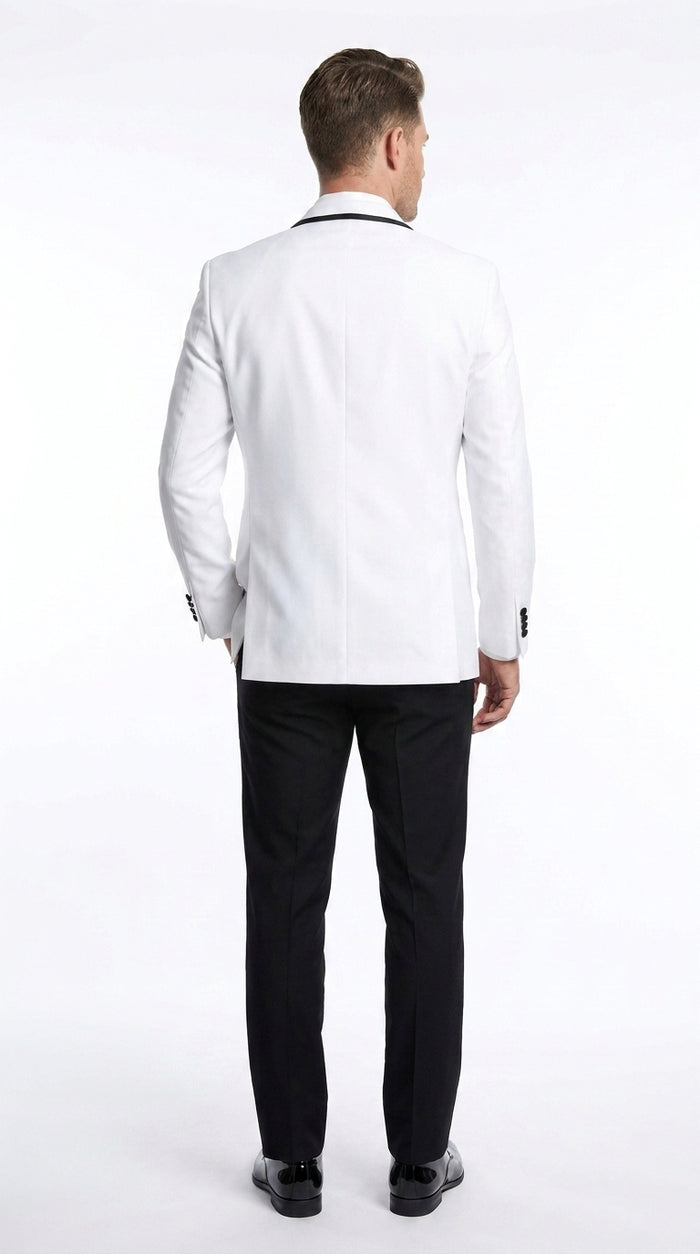 Men’s White and Black One Button Satin Trim Shawl Lapel Tuxedo for Wedding, Prom and Formal Events