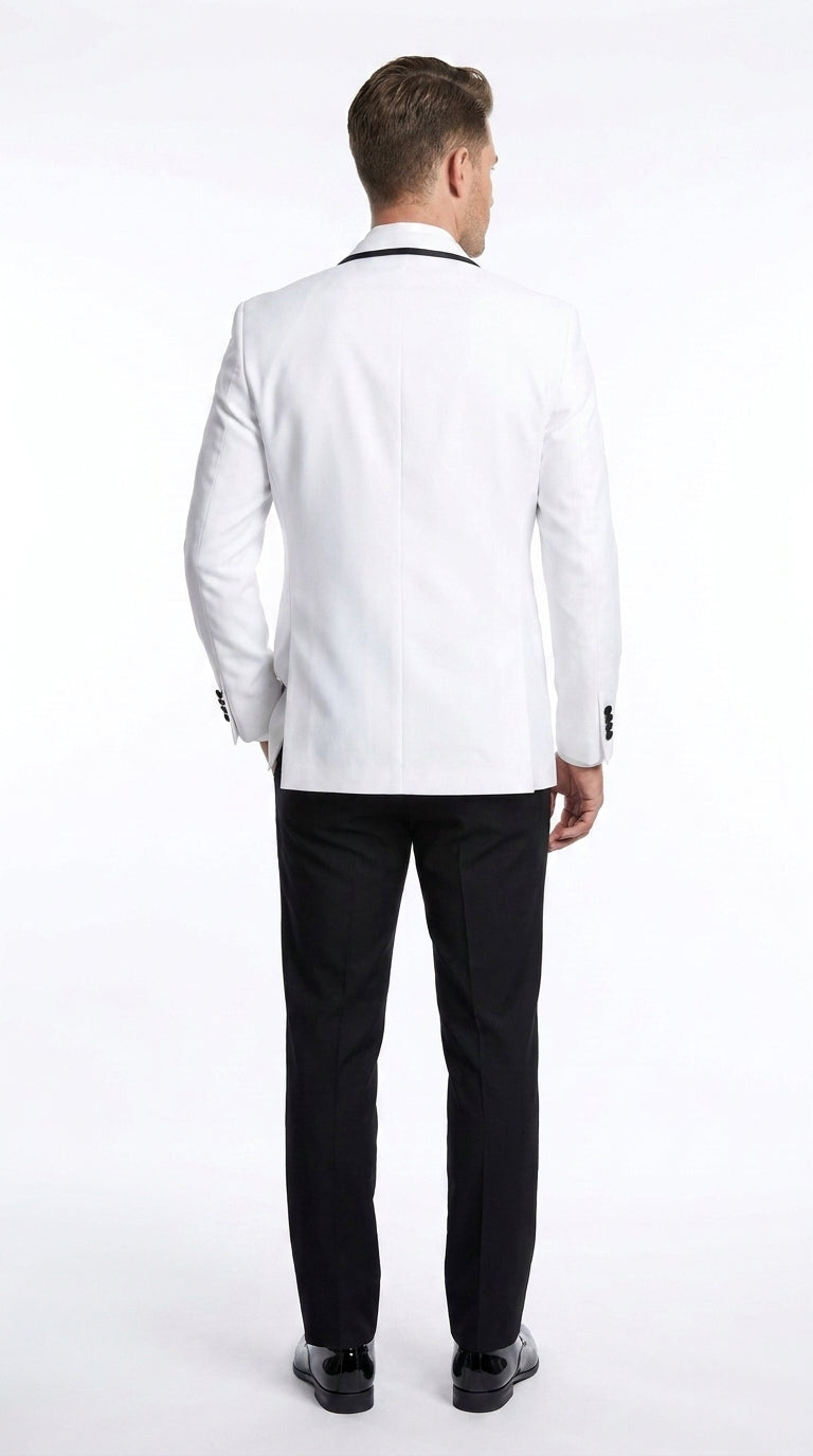 Men’s White and Black One Button Satin Trim Shawl Lapel Tuxedo for Wedding, Prom and Formal Events