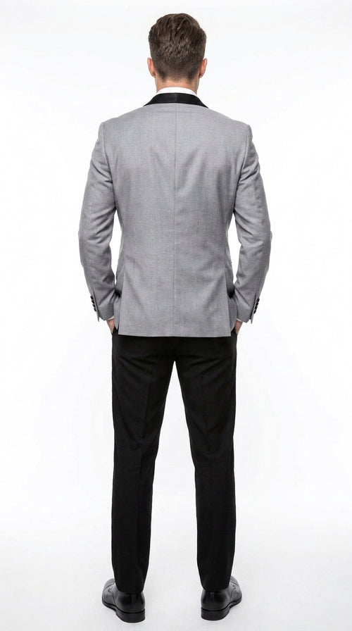 Men’s Grey and Black 3-Piece Prom Tuxedo – Vested Wedding Suit with Black Shawl Lapel