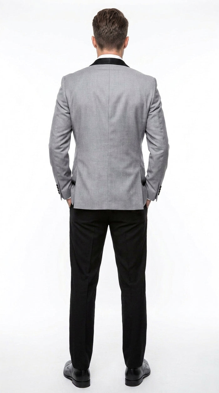 Men’s Grey and Black 3-Piece Prom Tuxedo – Vested Wedding Suit with Black Shawl Lapel