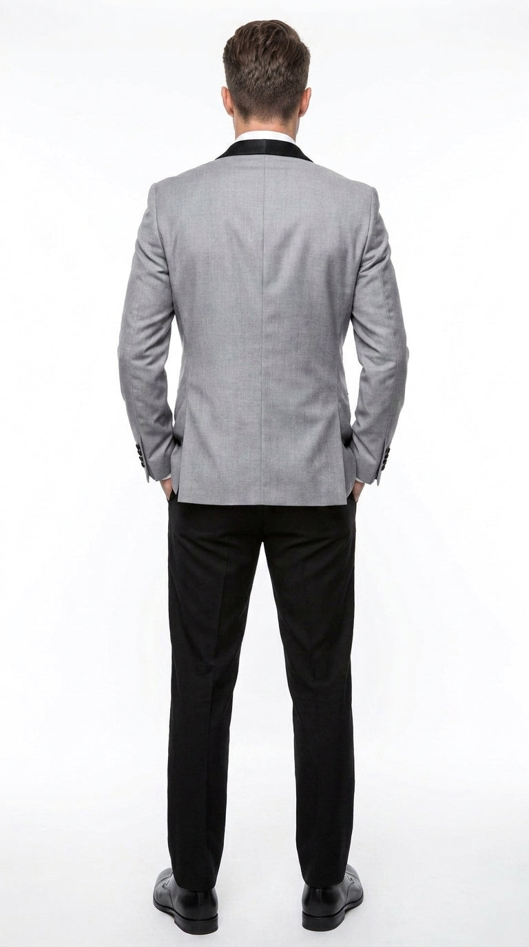 Men’s Grey and Black 3-Piece Prom Tuxedo – Vested Wedding Suit with Black Shawl Lapel